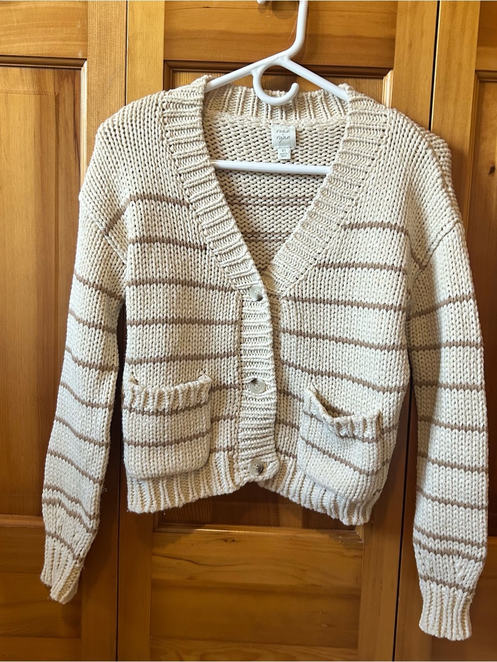 Open Knit V-Neck Striped Cardigan in Cream and Tan